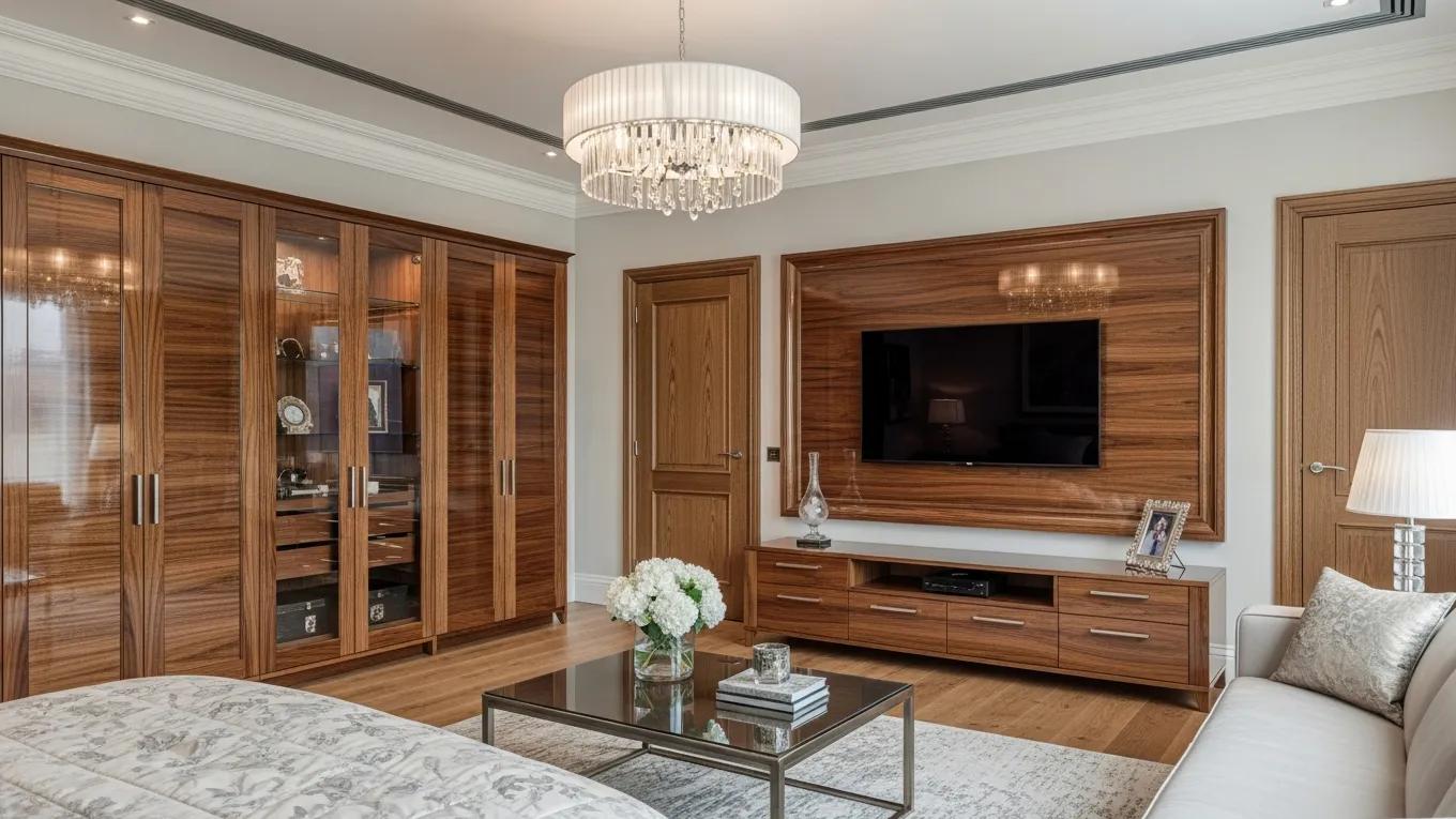 Reflective high-gloss timber media wall in a luxury interior