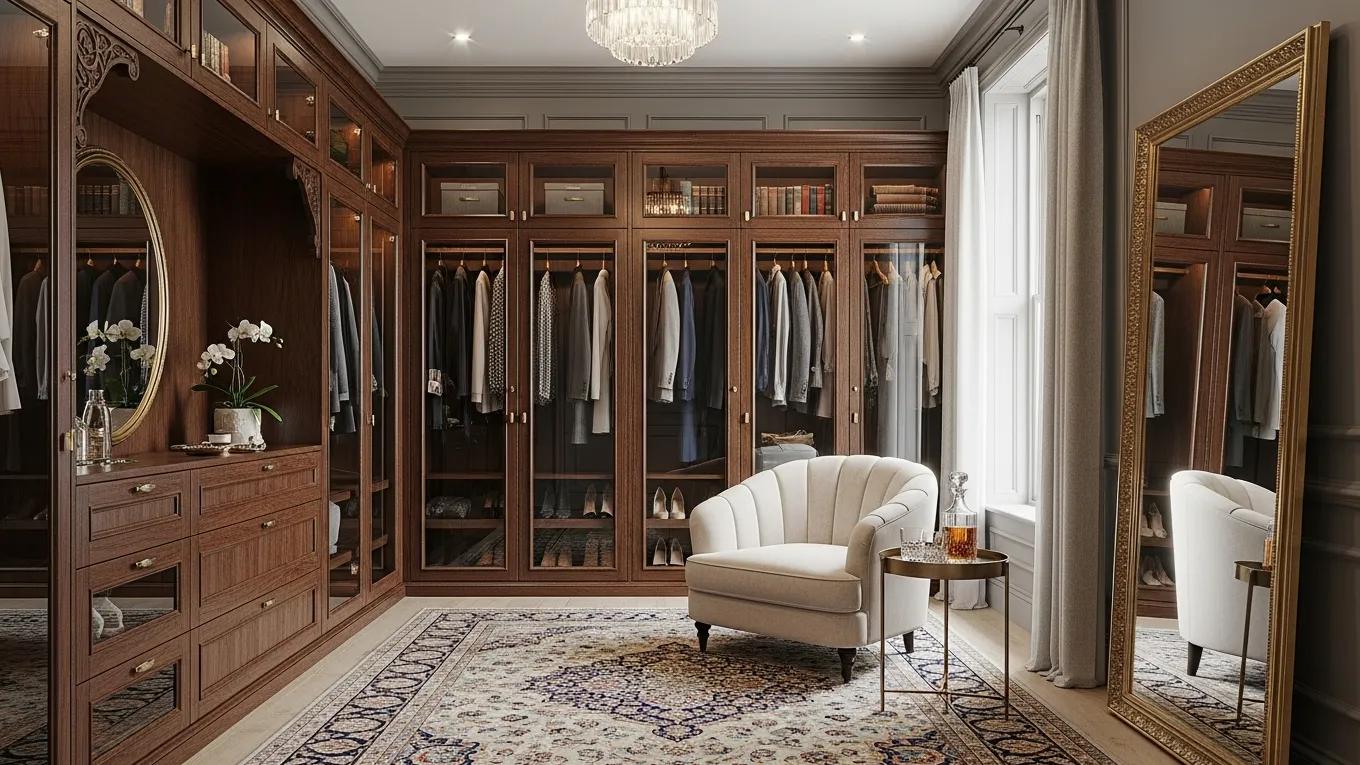 Bespoke fitted wardrobes in a luxurious mansion block, showcasing urban sophistication and high-end craftsmanship