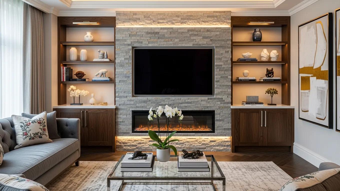 Bespoke media wall with a linear fireplace, stone cladding and display shelving