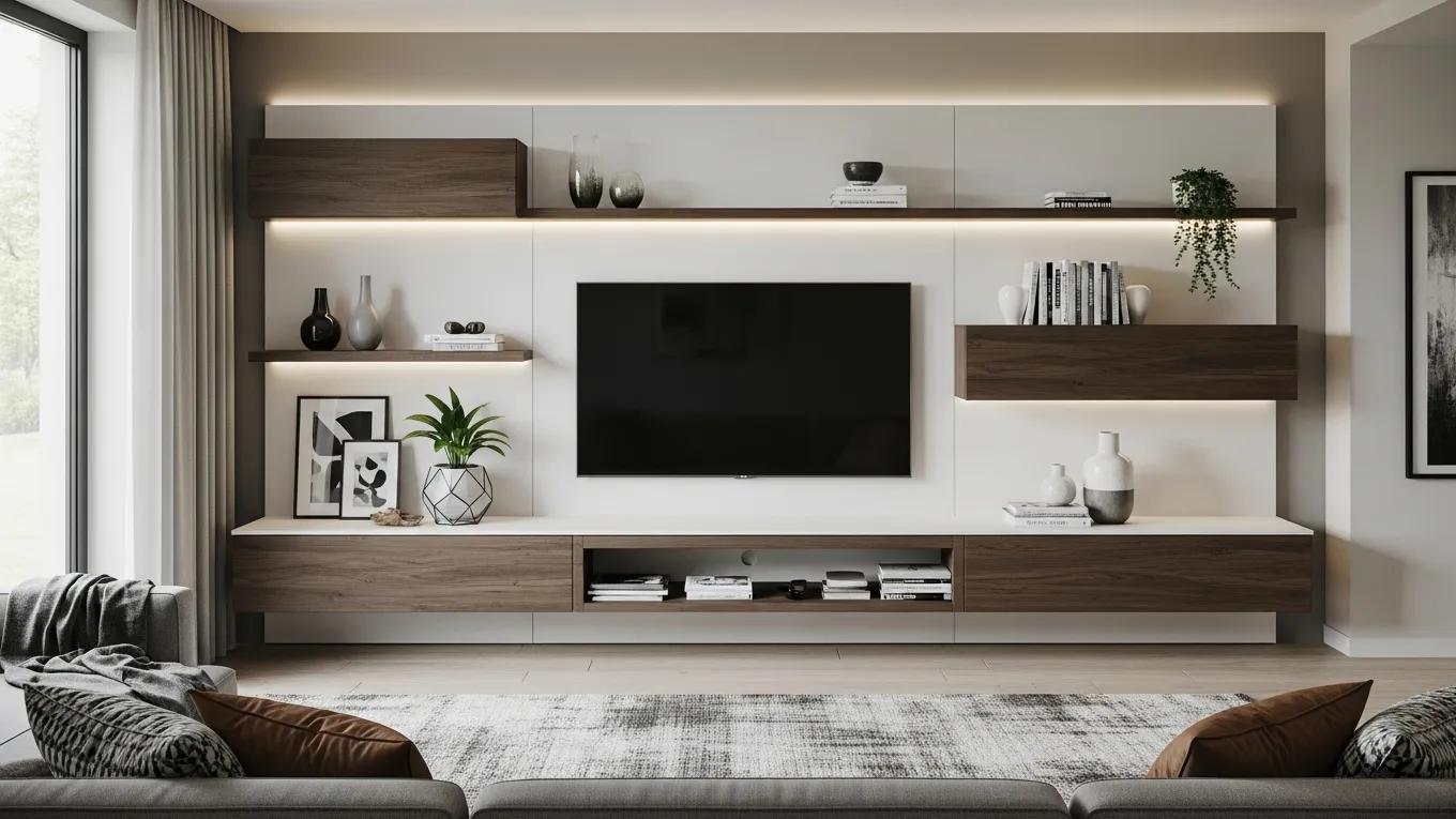 Contemporary media wall with reflective floating units and integrated lighting
