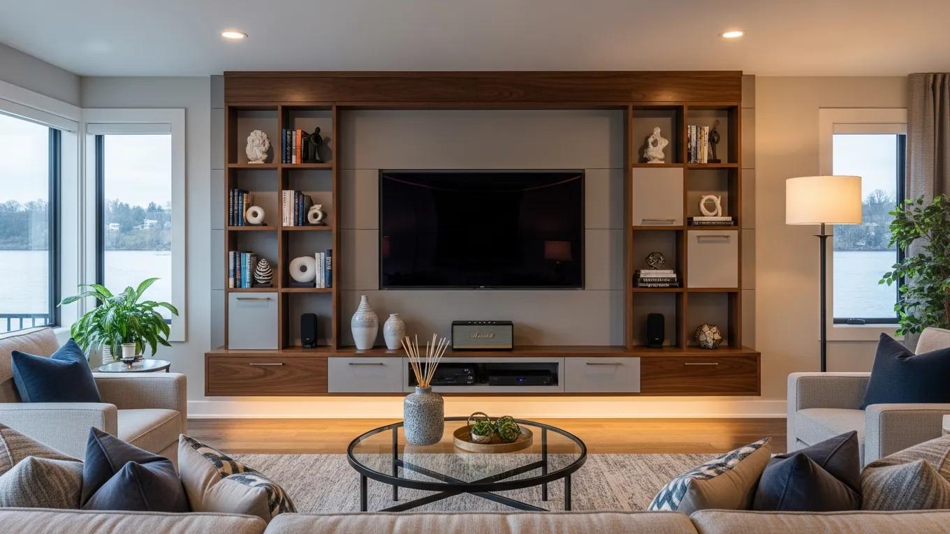 Custom full-width media wall in a modern luxury living room
