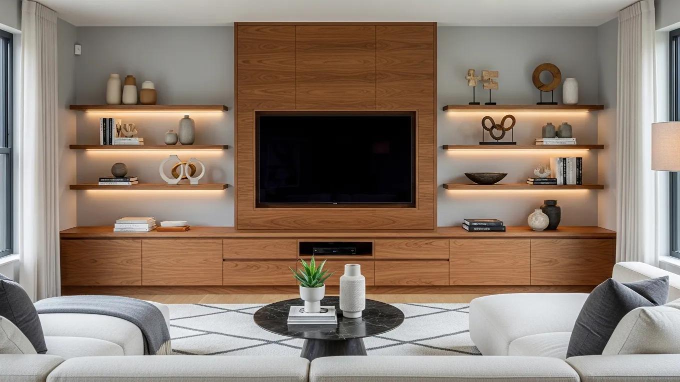 Contemporary bespoke media wall with integrated television unit and cabinetry