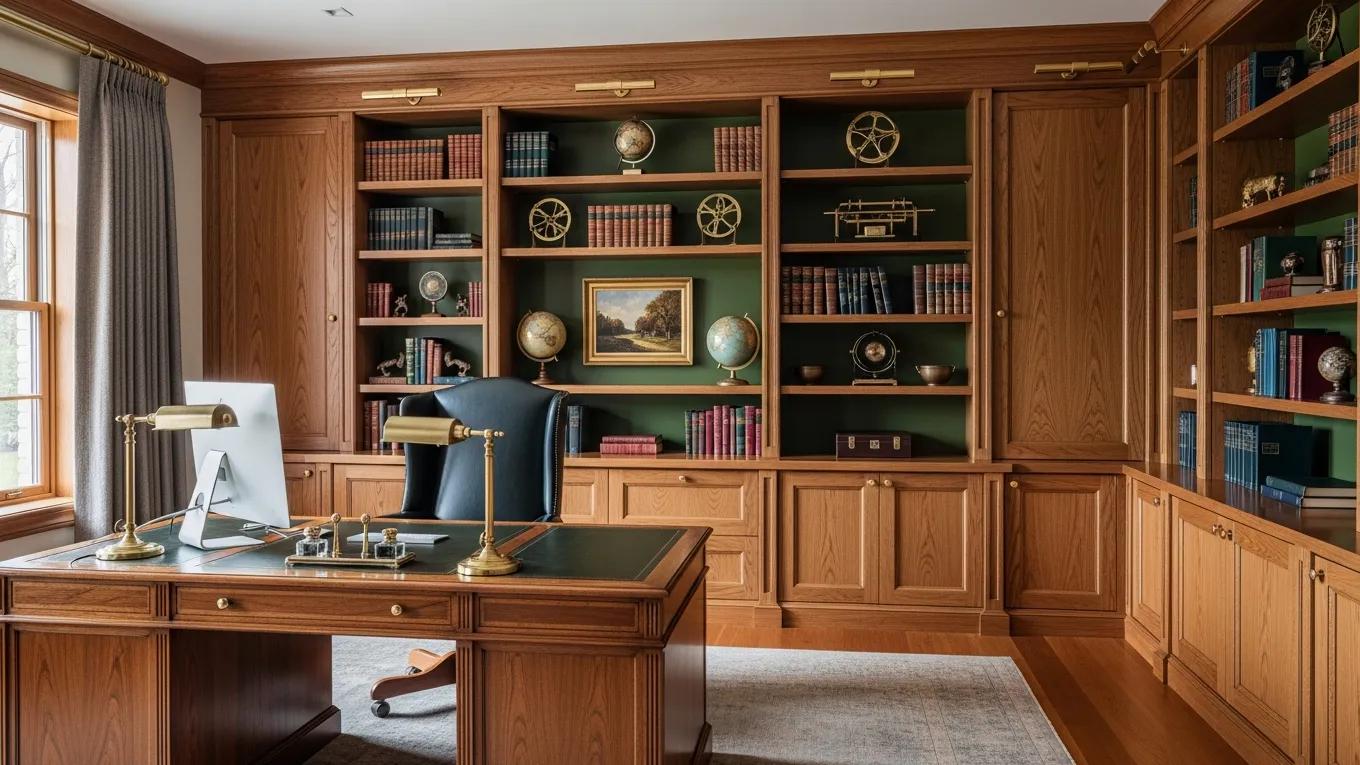 Executive home office with bespoke cabinetry and layered lighting