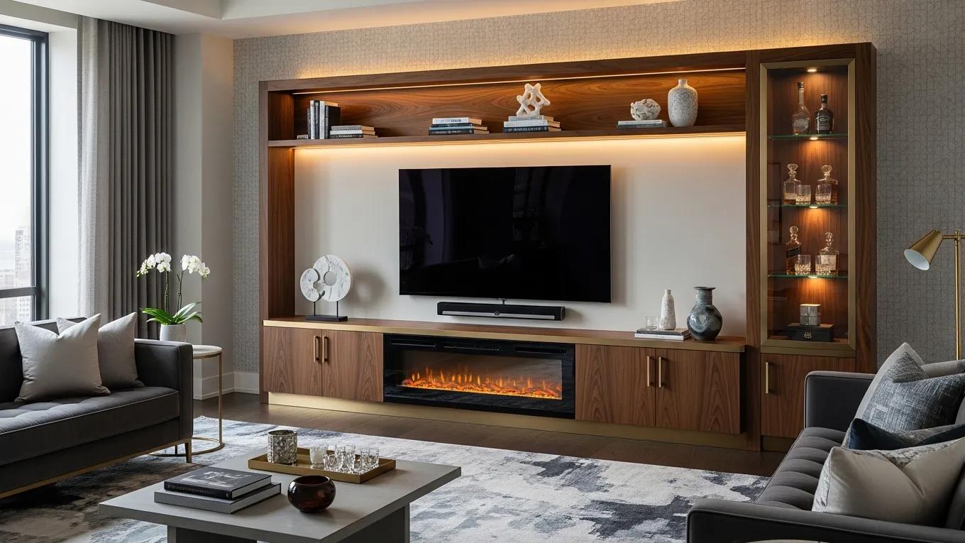 Polished bespoke media wall with glass display storage and integrated technology