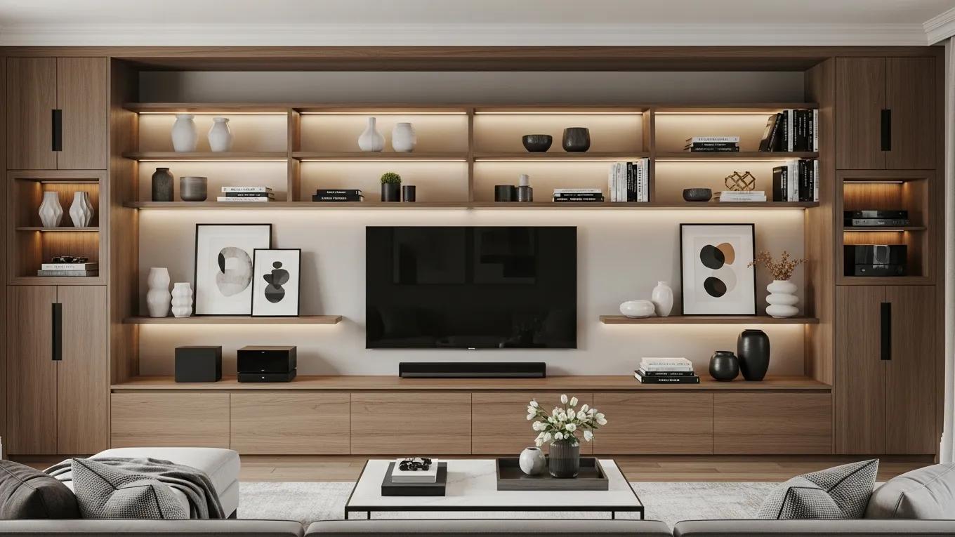 Elegant contemporary media wall with integrated shelving and display space