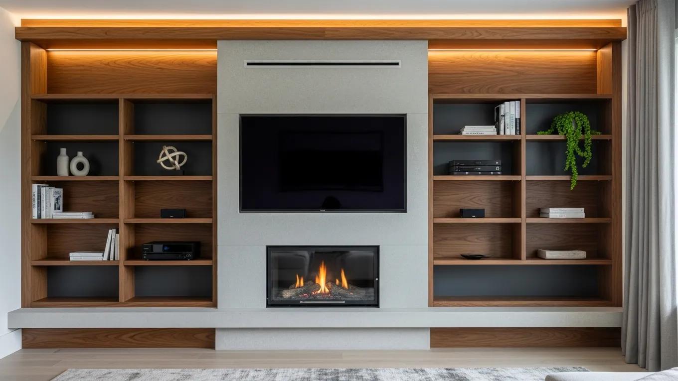 Elegant media wall with a compact inset fireplace beneath the television