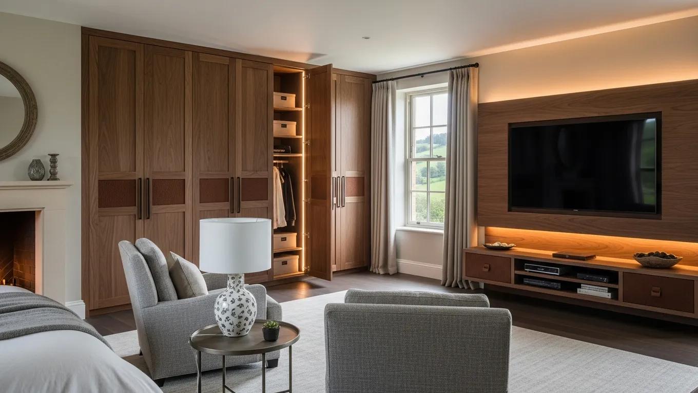 Bespoke media wall with rich timber joinery in a country-estate interior