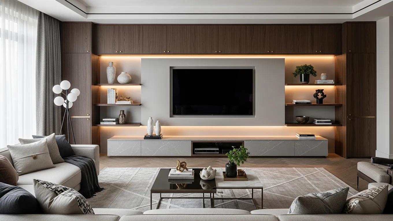 Luxurious bespoke media wall with a custom television unit and integrated storage