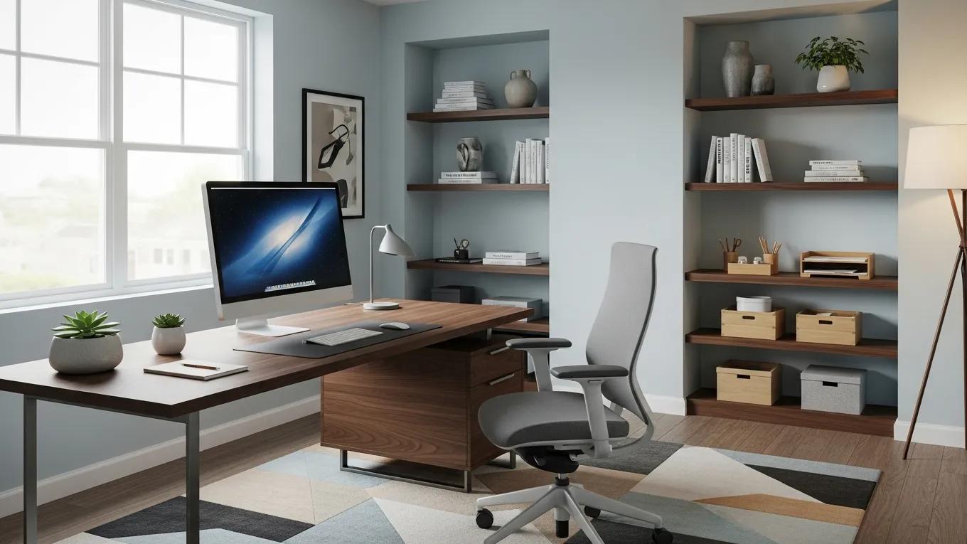 Modern home office with fitted desk, storage and shelving