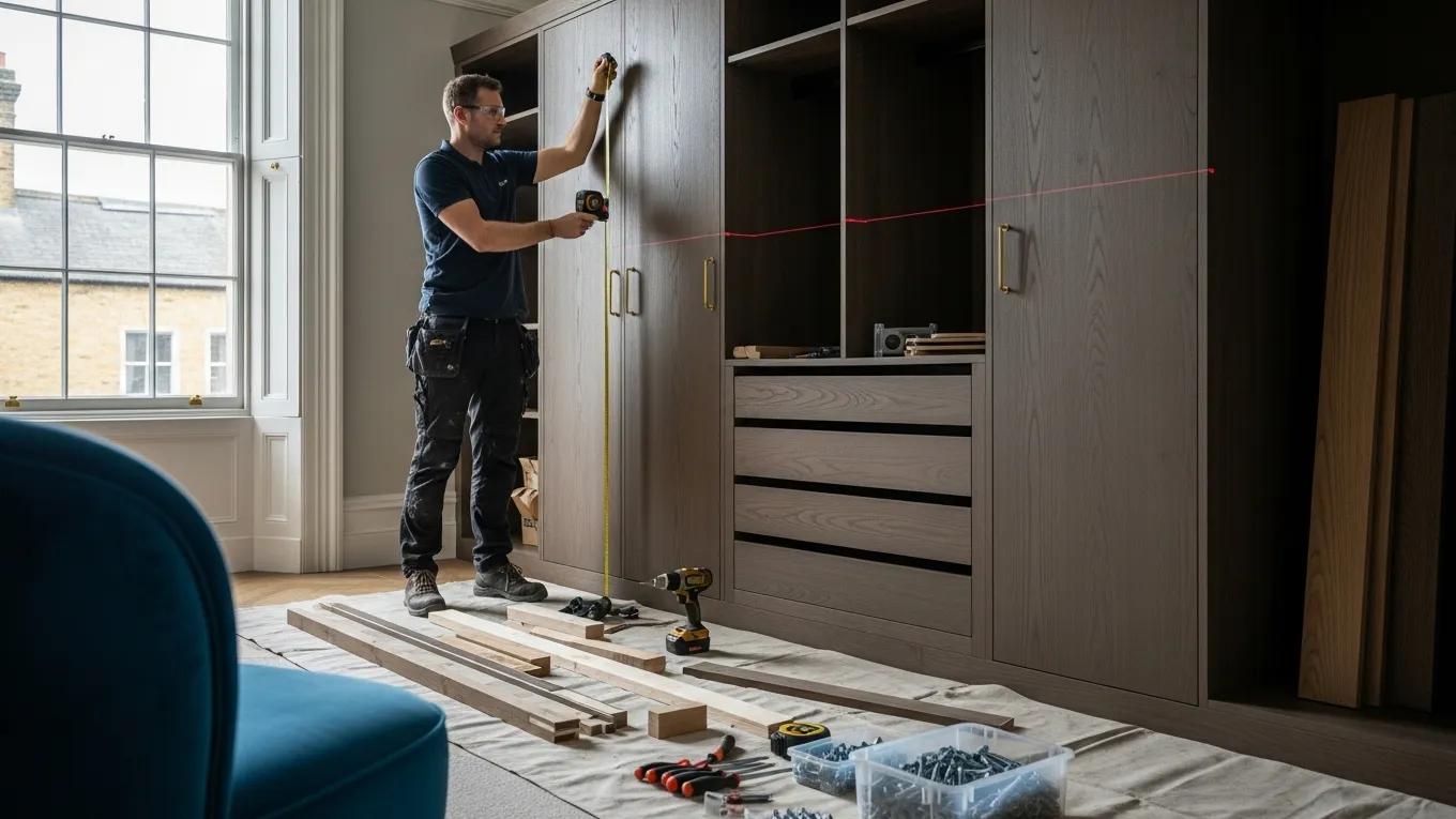 Installer measuring made-to-measure fitted furniture
