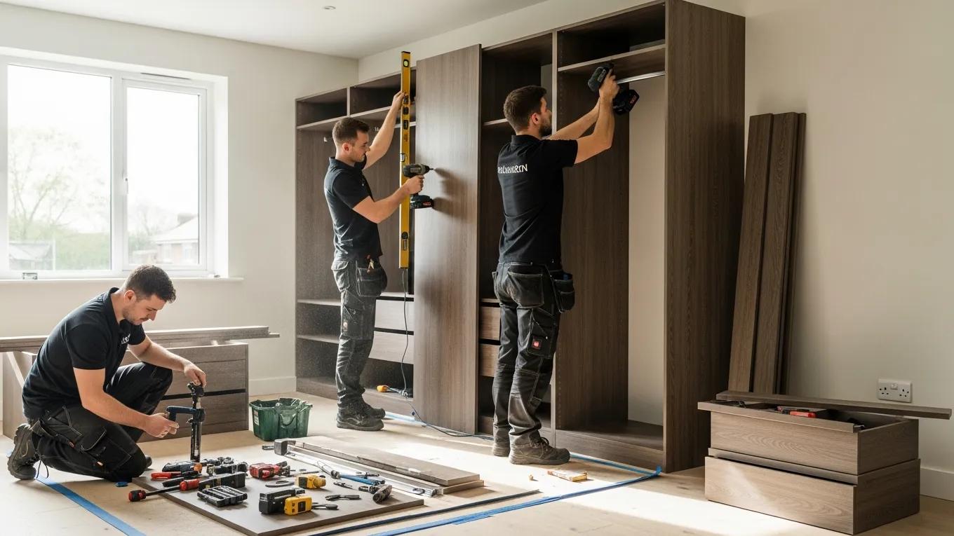 Professional team installing fitted furniture in a home