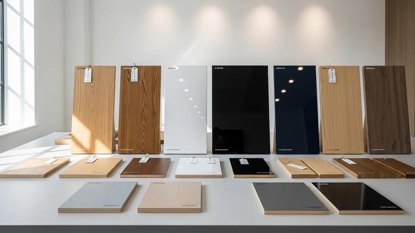 Wardrobe material and finish samples in a design studio