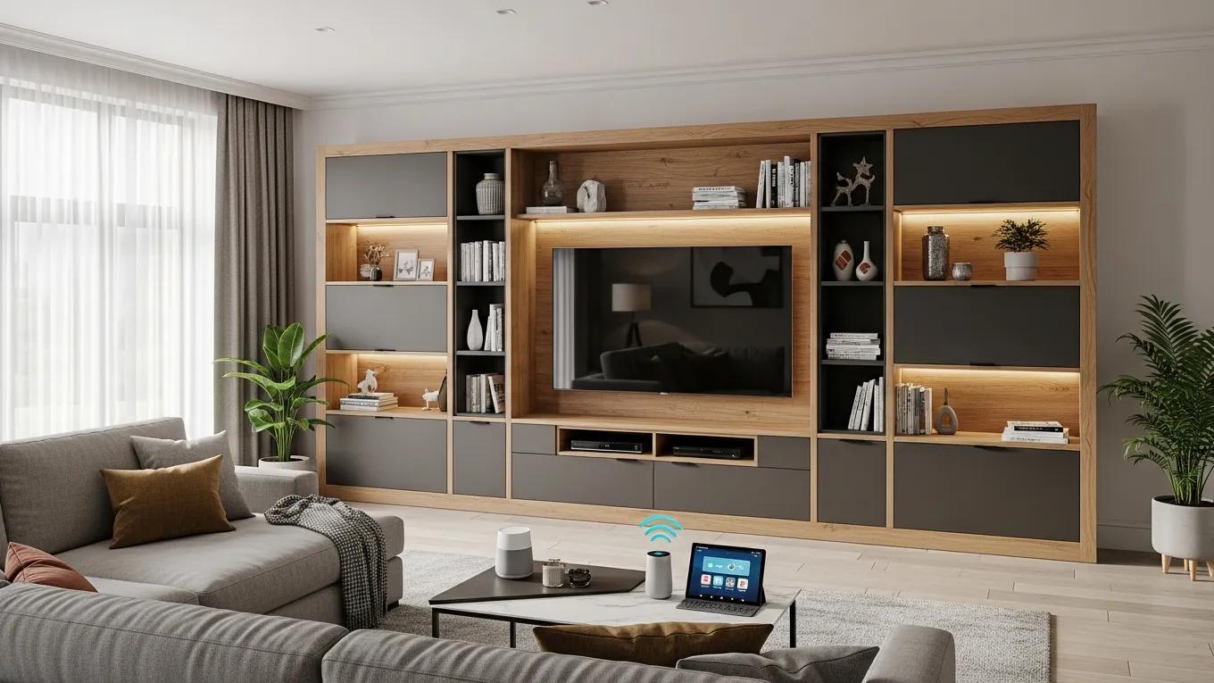Bespoke media wall with integrated storage and ambient lighting in a modern living room