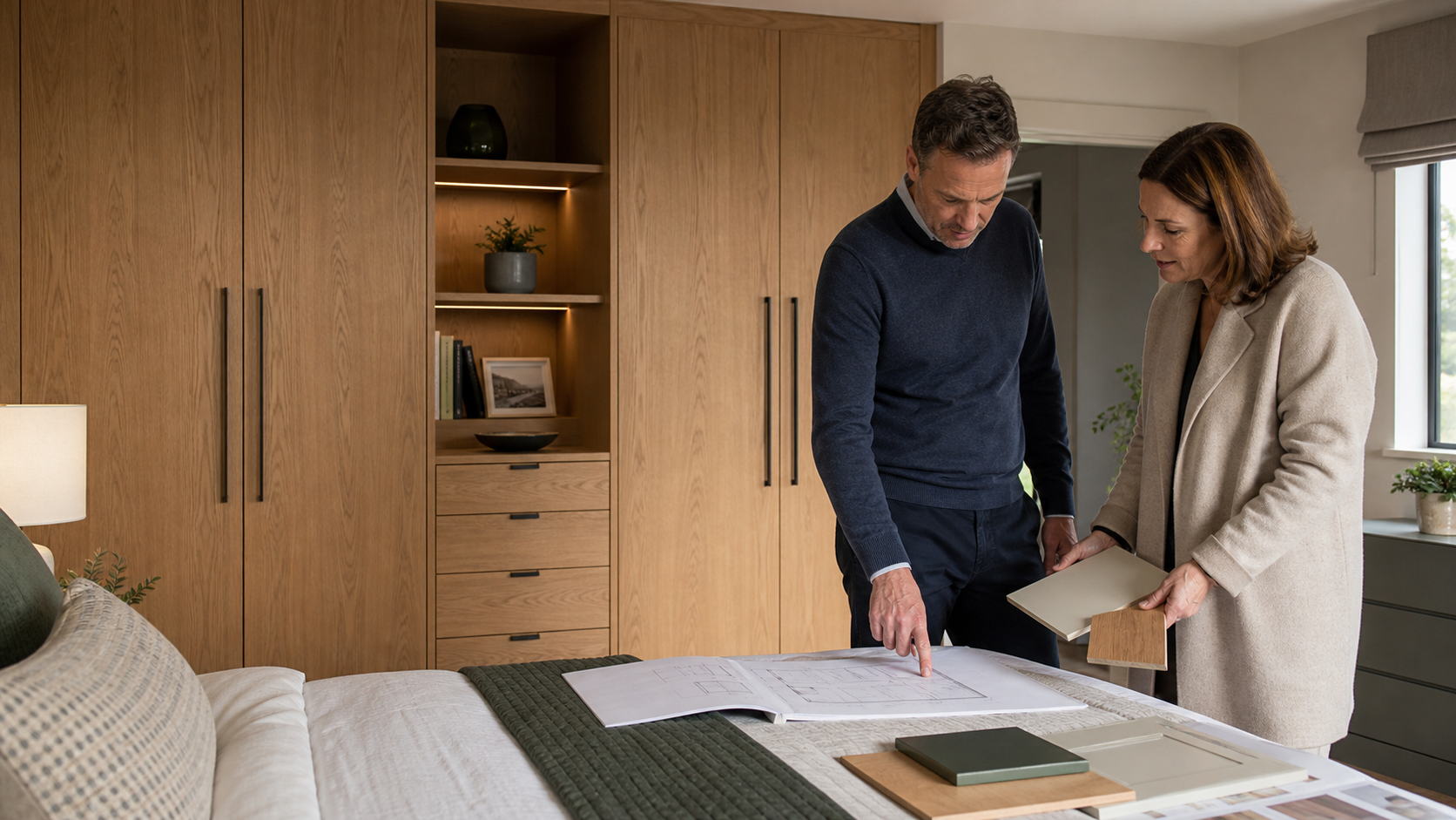 Architect and joinery specialist reviewing wardrobe drawings and finish samples