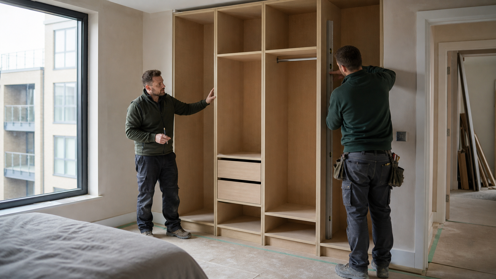 Builder coordinating a fitted wardrobe installation on a new-build project