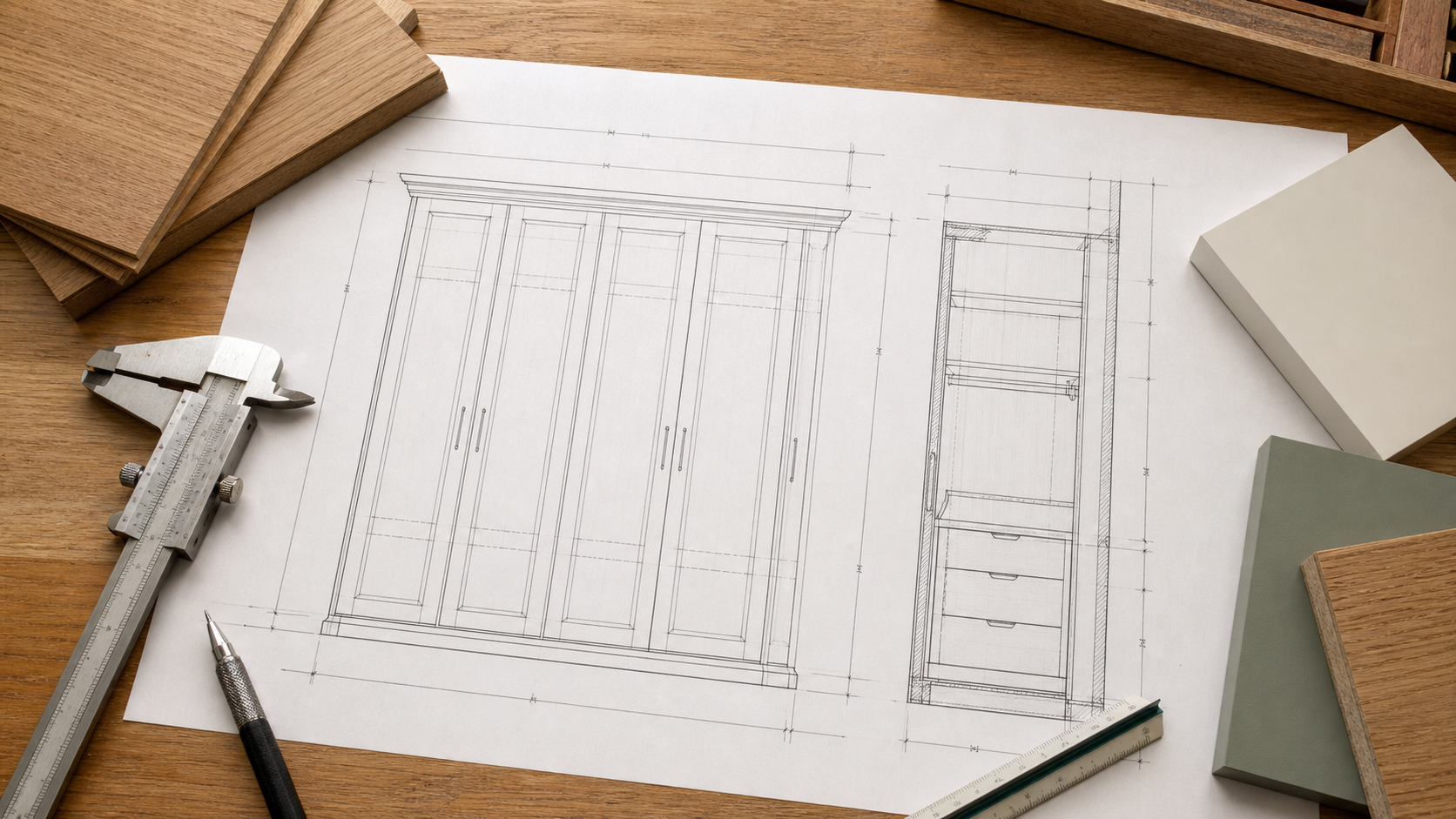 Technical wardrobe drawing with measuring tools and material samples