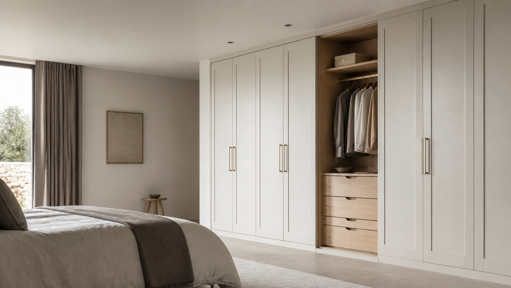 Floor-to-ceiling bespoke fitted wardrobes in a contemporary bedroom