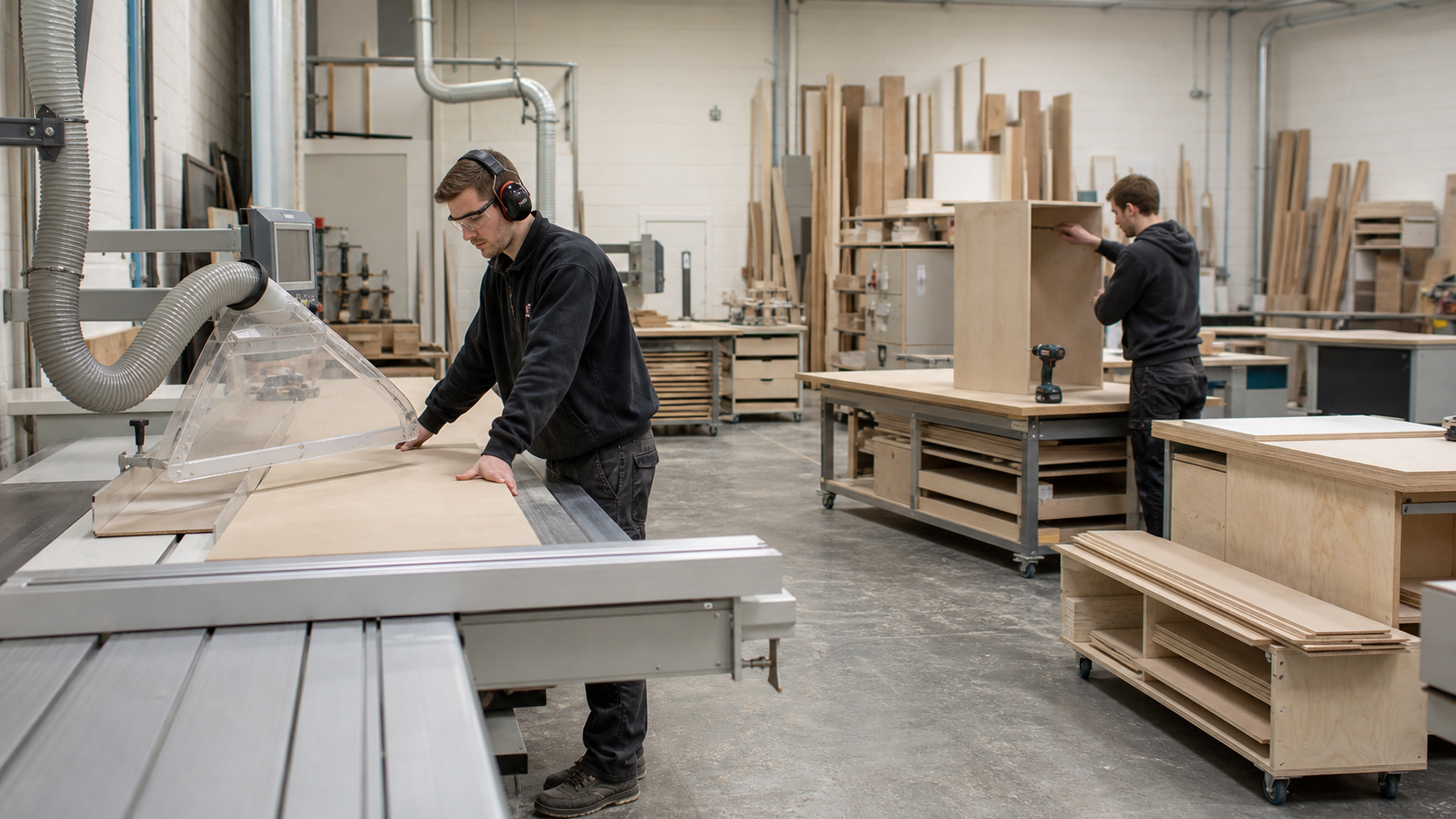 Joiners cutting, edge-finishing and assembling wardrobe panels in a workshop