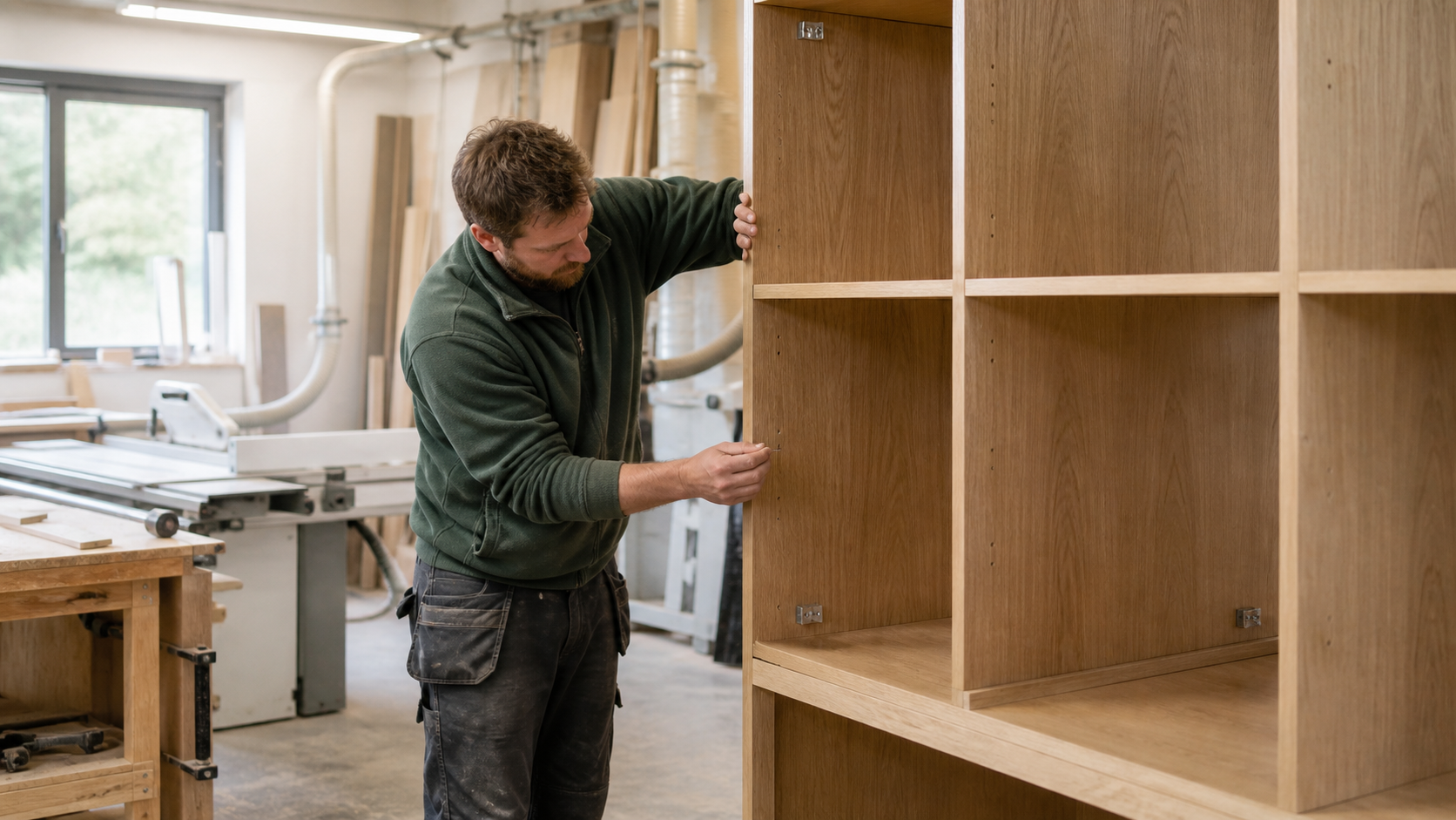 Joiner assembling a bespoke wardrobe carcass in a workshop