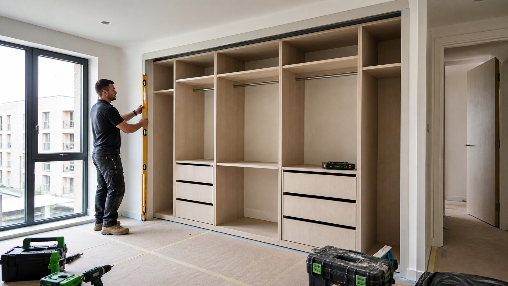 Wardrobe carcasses installed and levelled during second-fix work