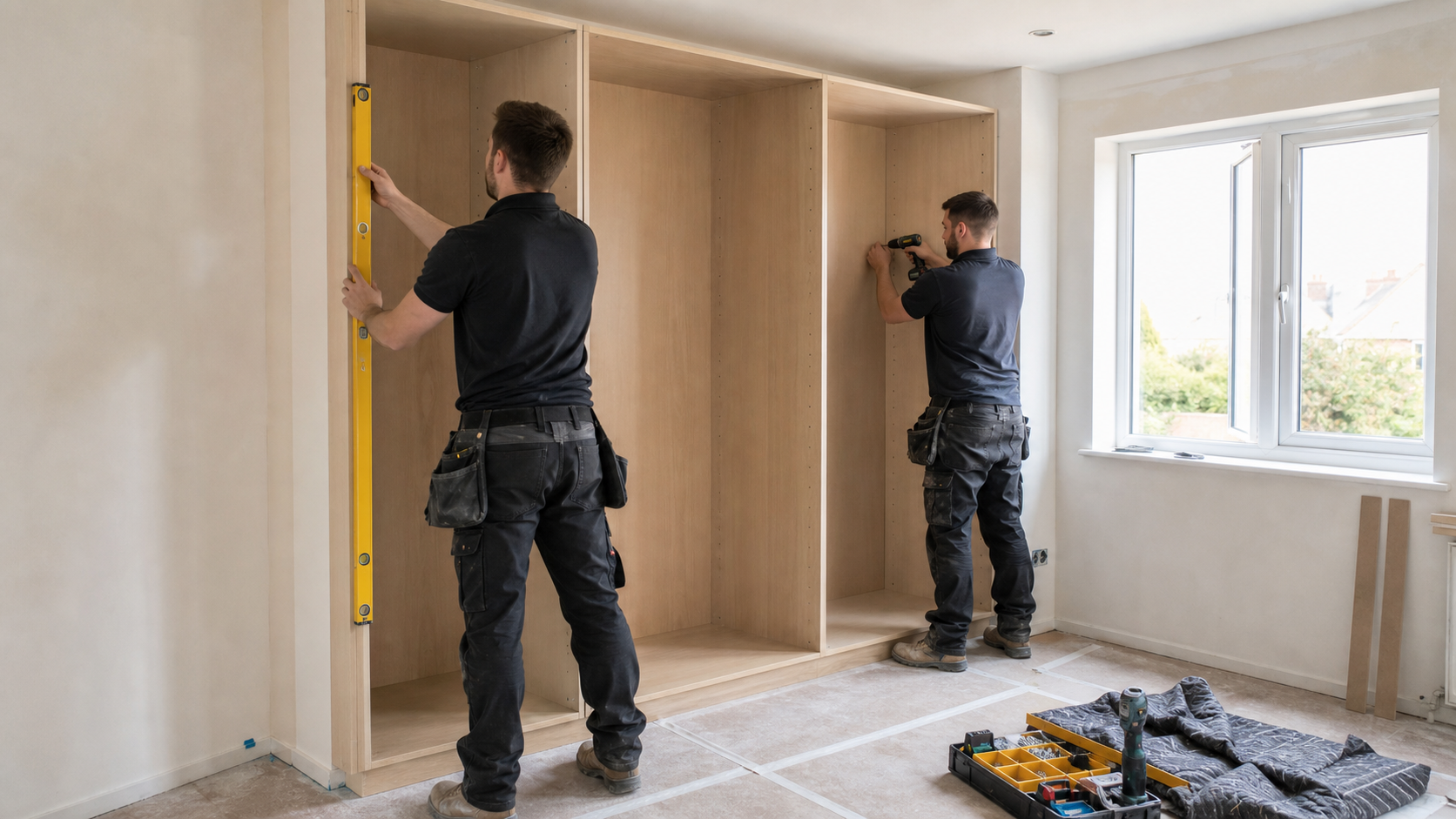 Professional installers fitting wardrobe carcasses on site