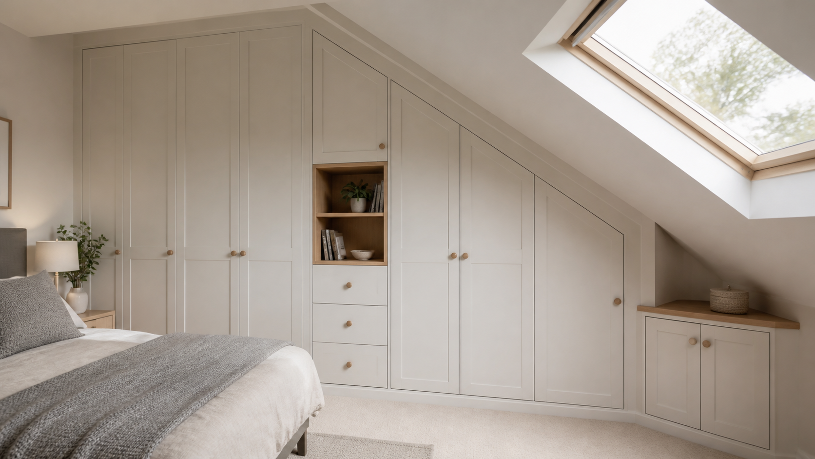 Fitted wardrobe following a sloped loft ceiling