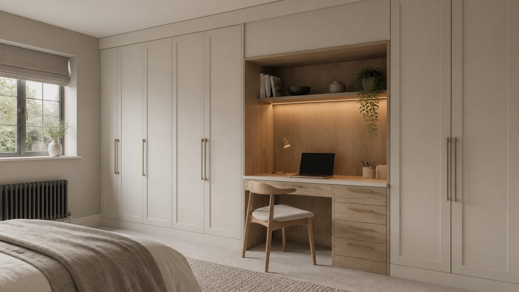 Fitted wardrobe combined with an integrated home-office desk