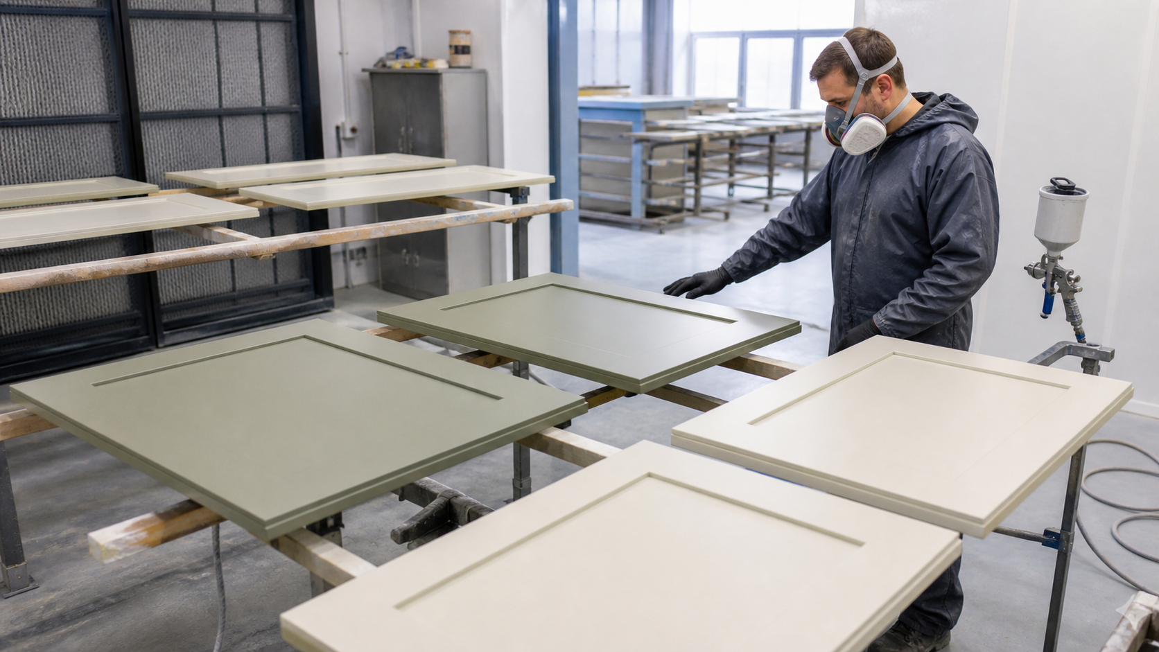 Painted wardrobe doors drying on racks in a spray-finishing workshop