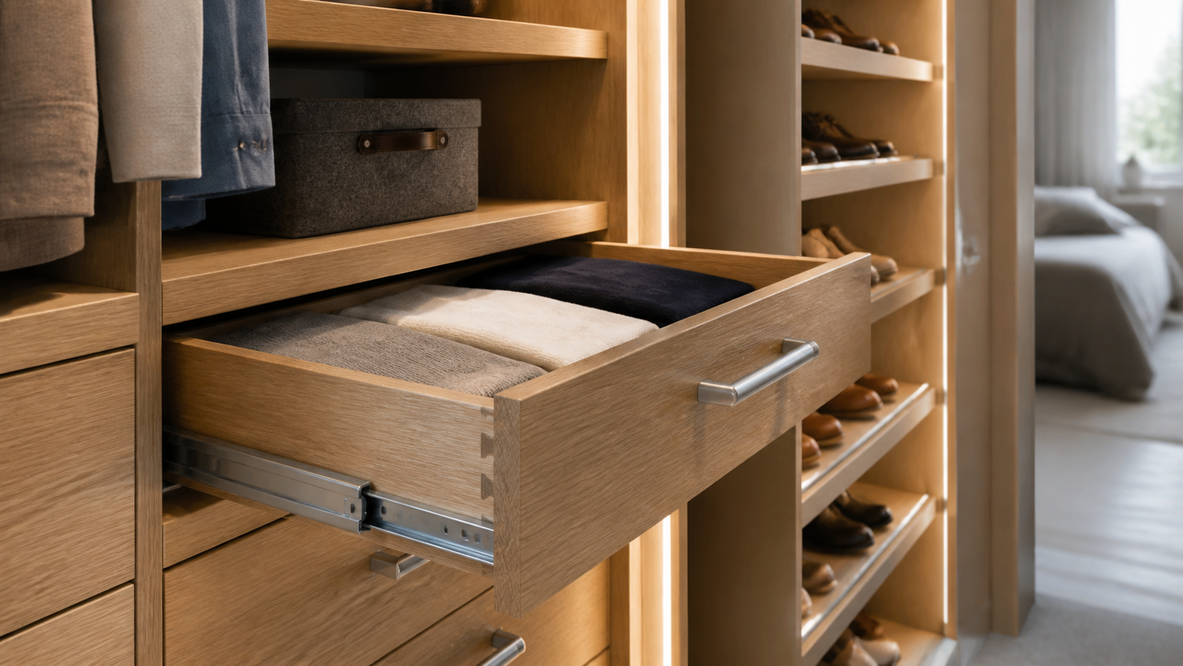 Close view of a wardrobe drawer, hanging rail and shoe storage