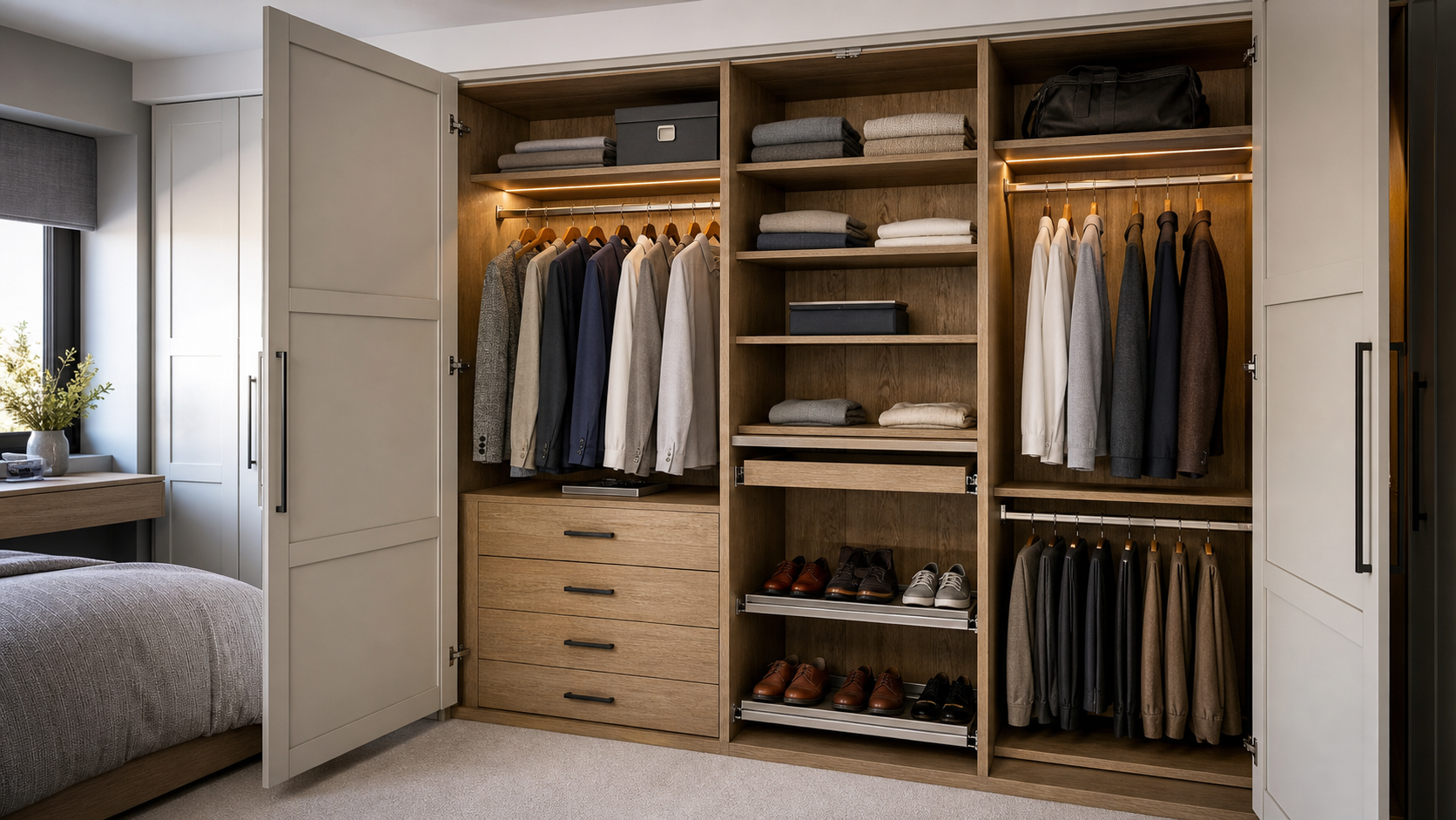 Open fitted wardrobe with drawers, rails, shelves and shoe storage