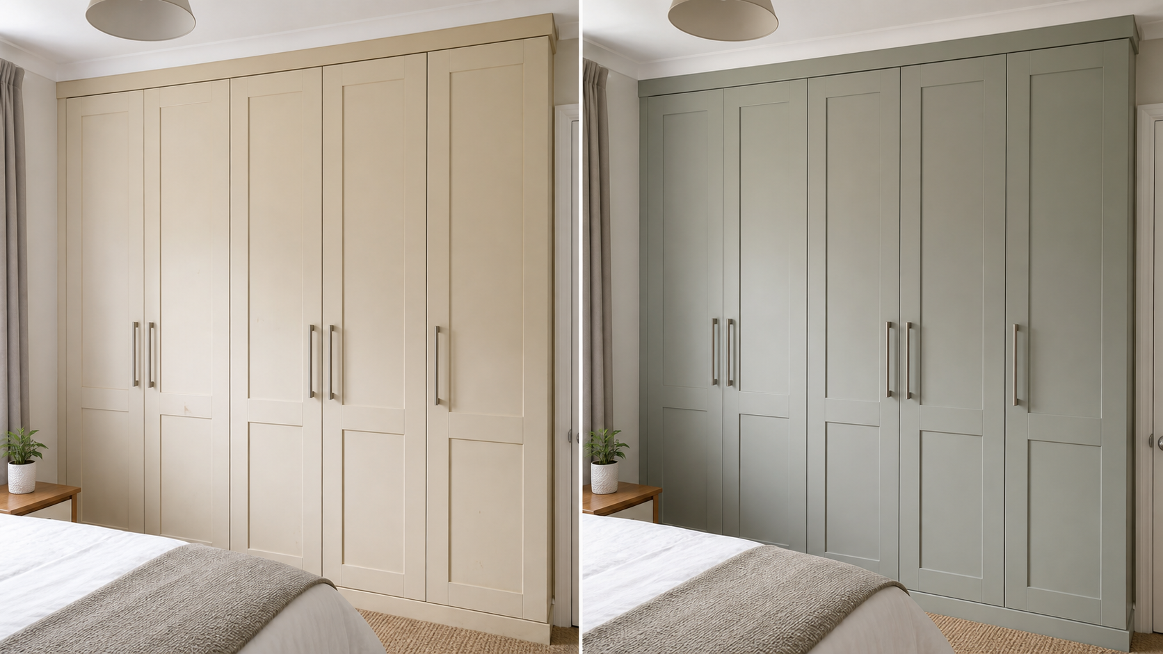 The same fitted wardrobe before and after a professional respray